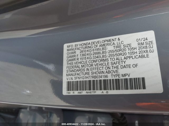 5FNYG1H77RB034196 Honda Pilot Touring