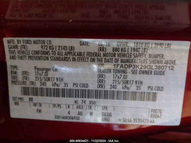 1FADP3K29GL380712 Ford FOCUS SE