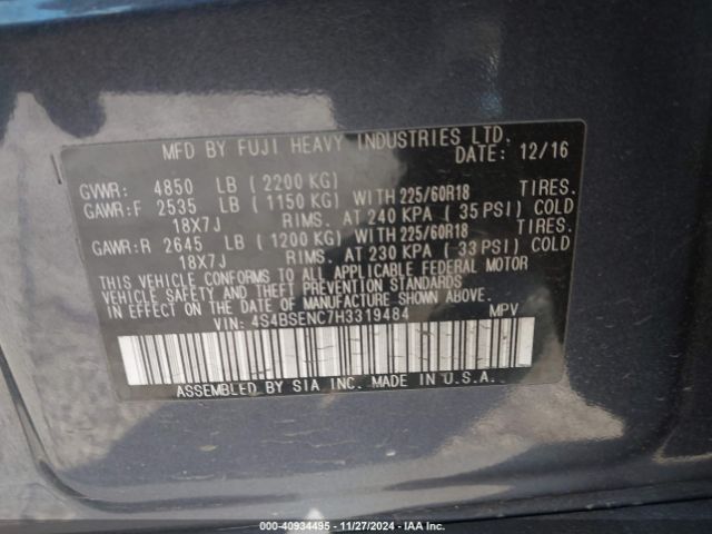 4S4BSENC7H3319484 Subaru Outback 3.6r Limited