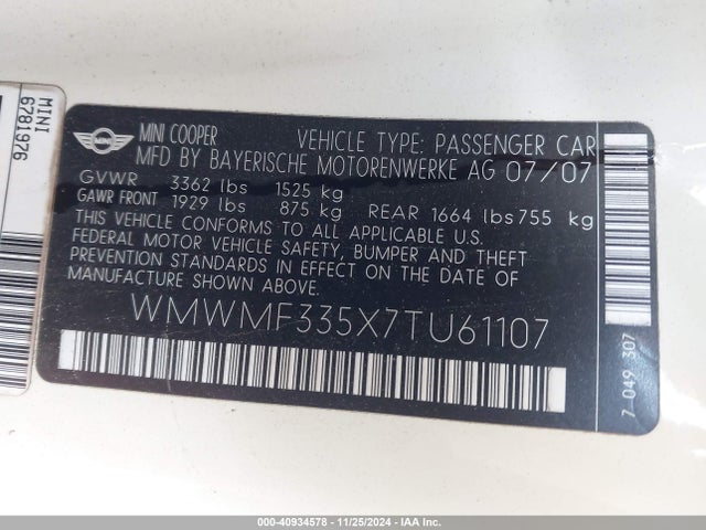 2007 MINI COOPER WMWMF335X7TU61107 Photo 8