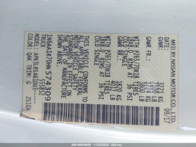 1N6AA1R70HN574309 Nissan TITAN S