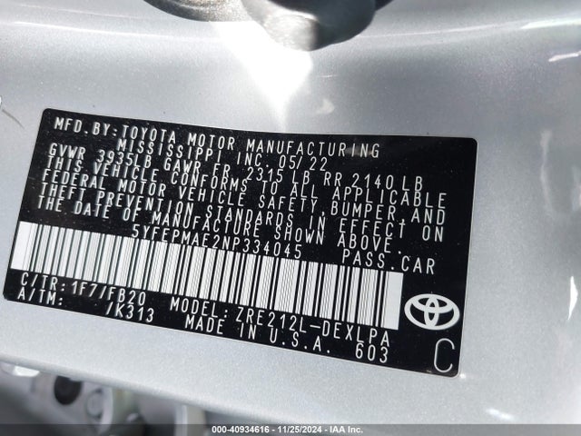 Toyota COROLLA LE 2022 5YFEPMAE2NP334045 Image 9