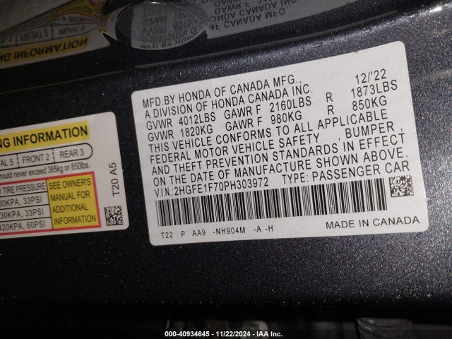 Honda Civic Ex /ex W/o Bsi 2023 2HGFE1F70PH303972 Image 9
