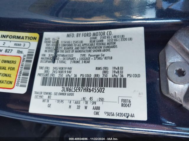 3LN6L5E97HR645502 Lincoln Mkz Reserve