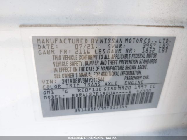 3N1AB8BV9MY311544 Nissan Sentra S Xtronic Cvt