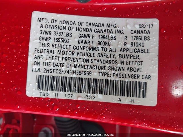Honda CIVIC EX 2017 2HGFC2F74HH564969 Image 9