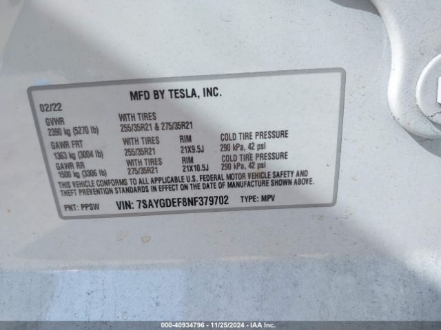 7SAYGDEF8NF379702 Tesla Model Y Performance Dual Motor All-wheel Drive