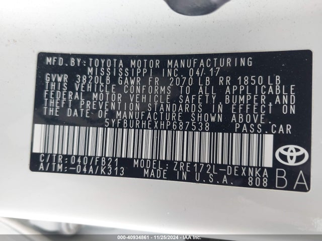 Toyota COROLLA LE 2017 5YFBURHEXHP687538 Image 9