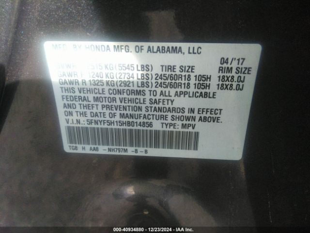5FNYF5H15HB014856 Honda PILOT LX