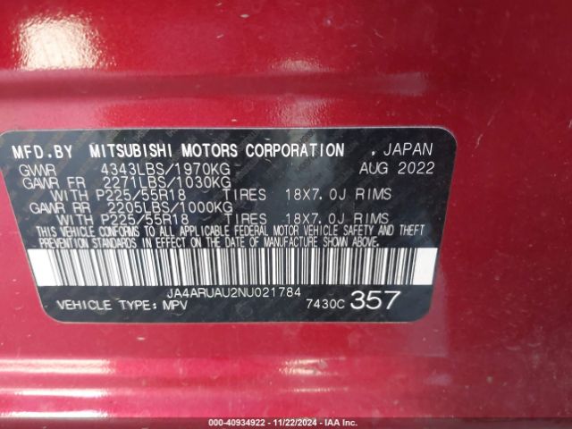 JA4ARUAU2NU021784 Mitsubishi OUTLANDER SPORT