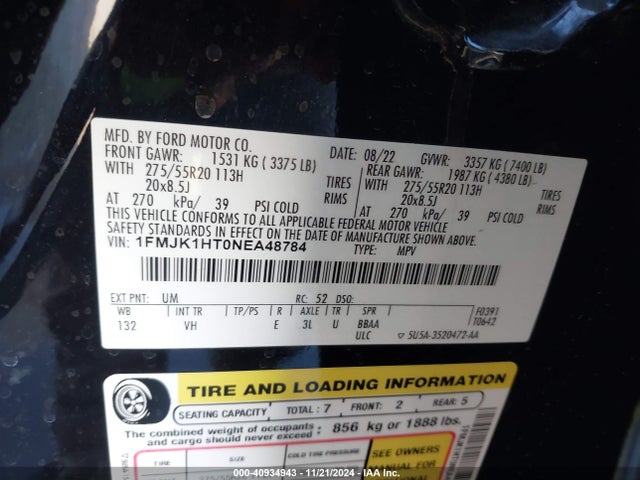 Ford Expedition Xlt Max 2022 1FMJK1HT0NEA48784 Image 9