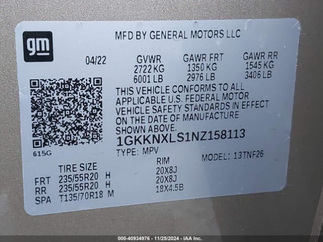 1GKKNXLS1NZ158113 GMC Acadia Awd Denali