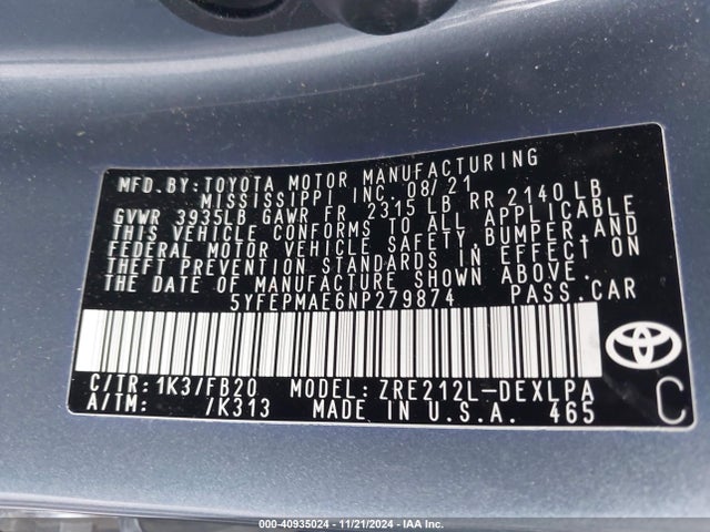 Toyota COROLLA LE 2022 5YFEPMAE6NP279874 Image 9