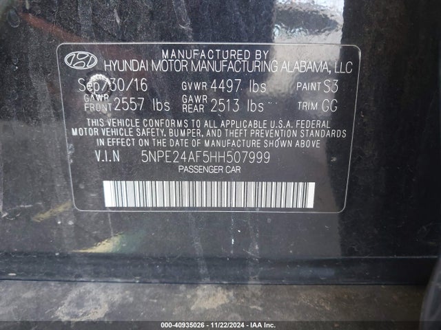 Hyundai SONATA SE 2017 5NPE24AF5HH507999 Image 9