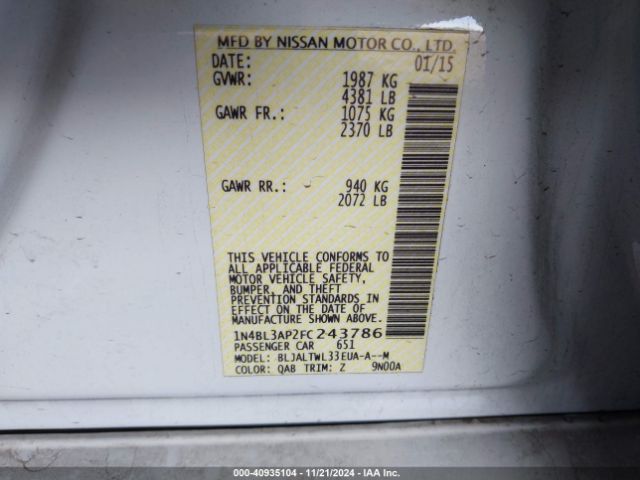 1N4BL3AP2FC243786 Nissan Altima 3.5 Sl