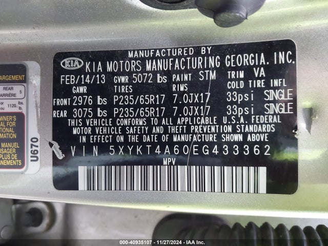 KIA SORENTO LX 2014 5XYKT4A60EG433362 Image 9