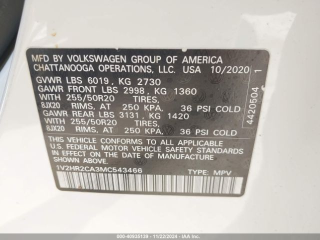 1V2HR2CA3MC543466 Volkswagen Atlas 3.6l V6 Se W/technology