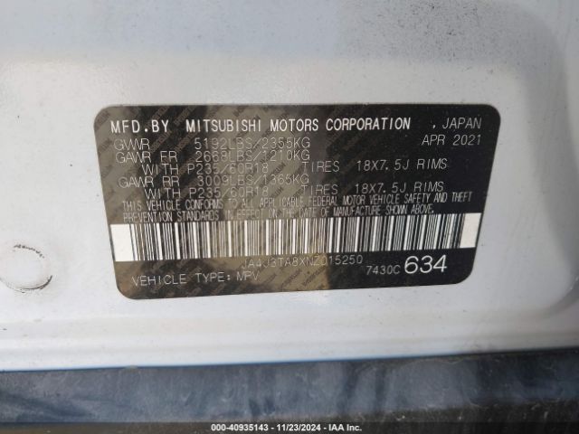 JA4J3TA8XNZ015250 Mitsubishi Outlander Es 2.5 2wd