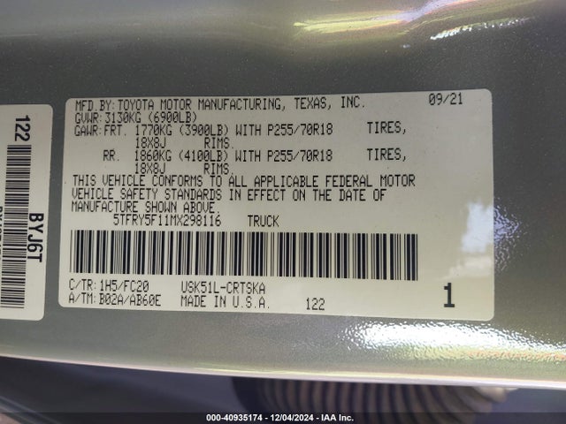 Toyota Tundra Sr5 2021 5TFRY5F11MX298116 Image 9