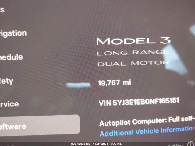 5YJ3E1EB0NF165151 Tesla Model 3 Long Range Dual Motor All-wheel Drive