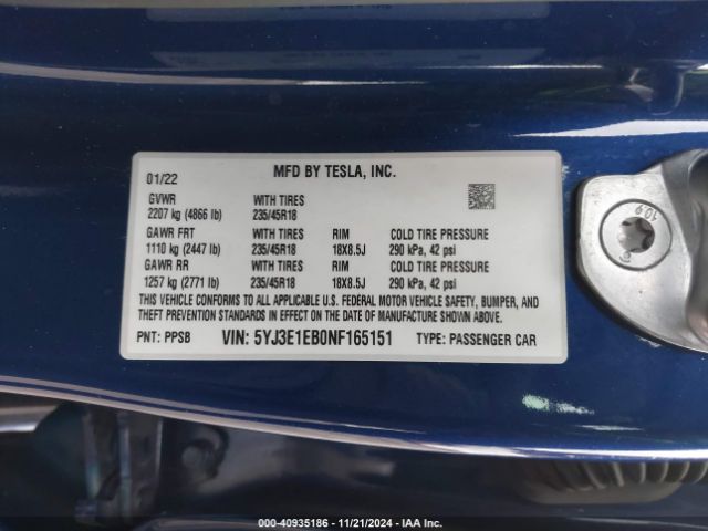5YJ3E1EB0NF165151 Tesla Model 3 Long Range Dual Motor All-wheel Drive