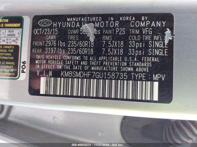 KM8SMDHF7GU158735 Hyundai Santa Fe Se