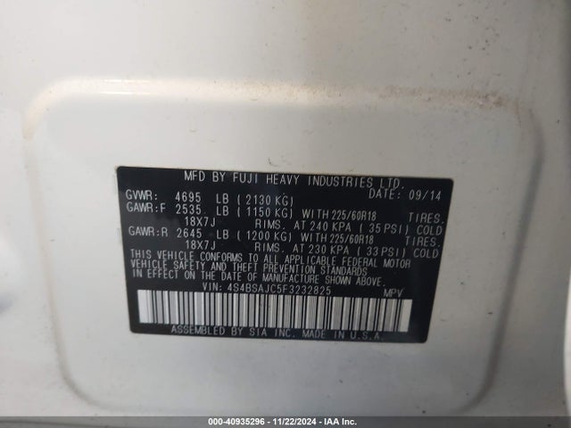Subaru Outback 2.5i Limited 2015 4S4BSAJC5F3232825 Image 9