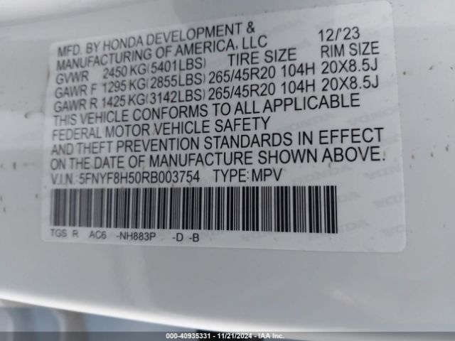 5FNYF8H50RB003754 Honda Passport Awd Ex-l