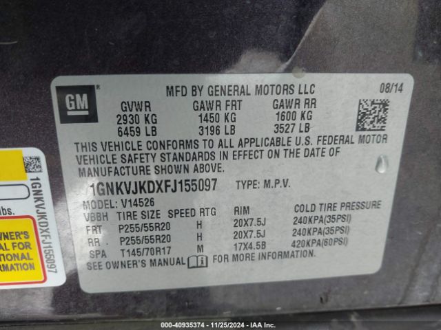 1GNKVJKDXFJ155097 Chevrolet Traverse Ltz