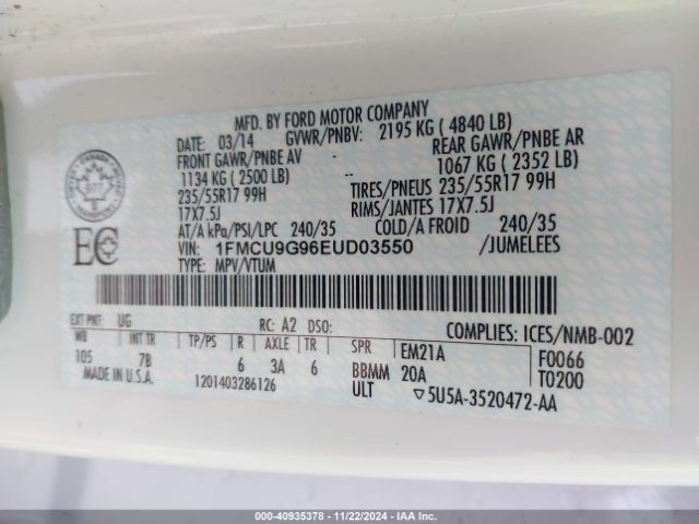 1FMCU9G96EUD03550 Ford ESCAPE SE