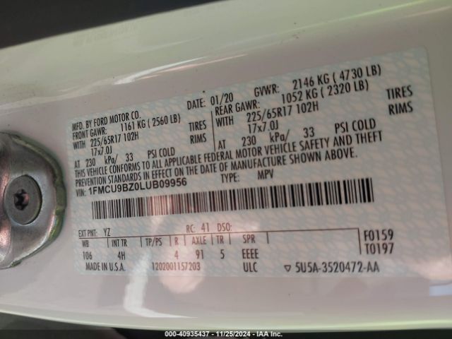 1FMCU9BZ0LUB09956 Ford Escape Se Sport Hybrid