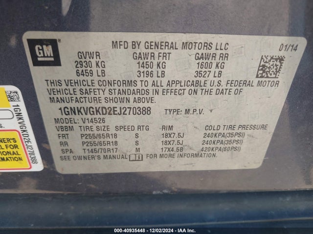 Chevrolet Traverse 1lt 2014 1GNKVGKD2EJ270388 Image 9