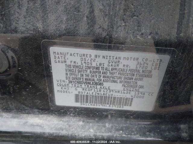 3N1CN8DV9NL839385 Nissan Versa 1.6 S Xtronic Cvt