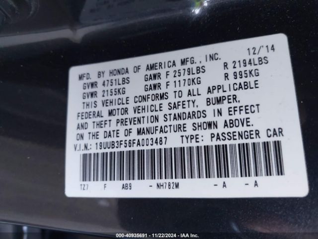 19UUB3F56FA003487 Acura Tlx V6 Tech