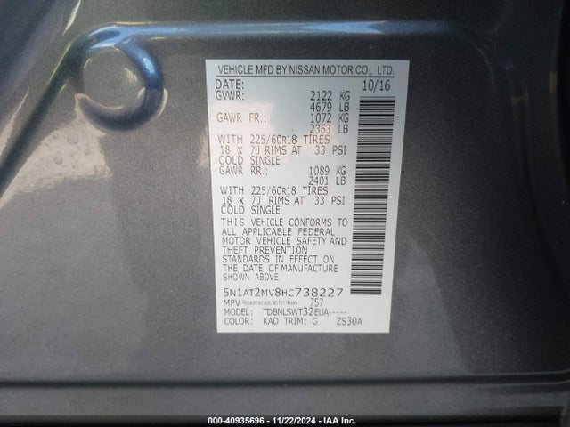 Nissan Rogue Sl 2017 5N1AT2MV8HC738227 Image 9