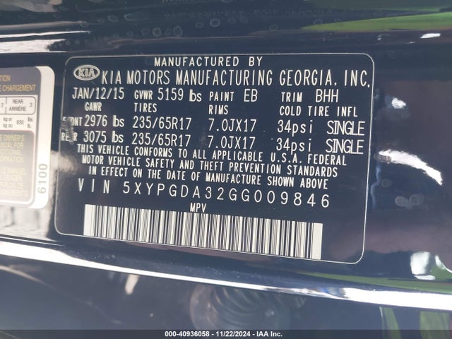 KIA Sorento 2.4l Lx 2016 5XYPGDA32GG009846 Image 9