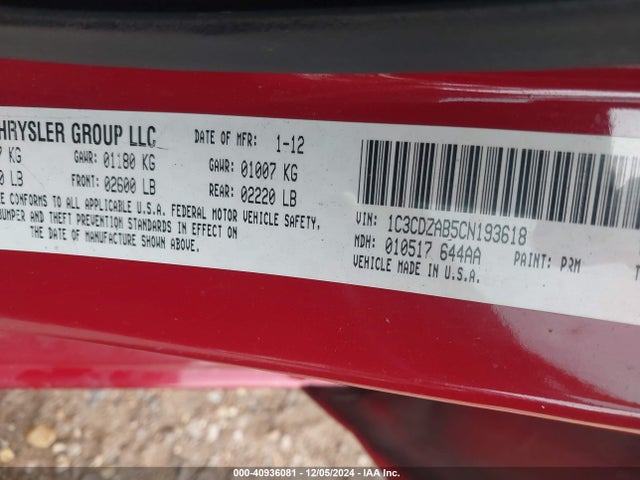 Продажа на аукционе авто 2012 Dodge Avenger Se, vin: 1C3CDZAB5CN193618, номер лота: 40936081