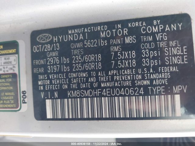 Hyundai Santa Fe Gls 2014 KM8SMDHF4EU040624 Image 9
