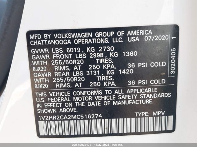 1V2HR2CA2MC516274 Volkswagen Atlas 3.6l V6 Se W/technology