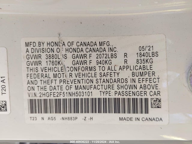 Honda Civic Sport 2022 2HGFE2F51NH503101 Image 9