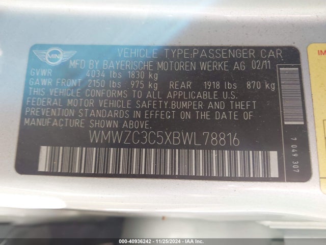 2011 MINI COOPER S COUNTRYMAN WMWZC3C5XBWL78816 Photo 8