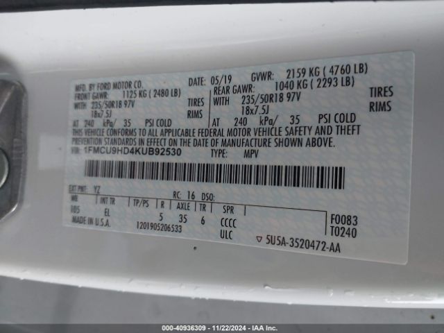 1FMCU9HD4KUB92530 Ford ESCAPE SEL