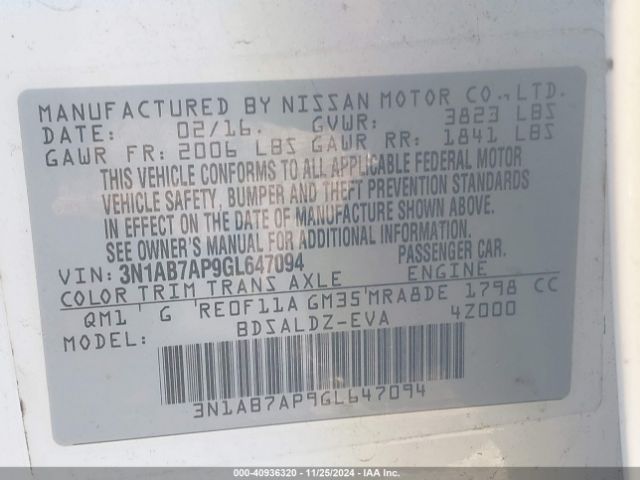 3N1AB7AP9GL647094 Nissan Sentra Fe+ S/s/sl/sr/sv