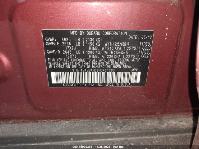 Subaru Outback 2.5i Premium 2017 4S4BSAHC8H3401003 Image 9