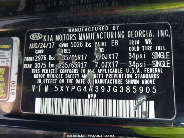 5XYPG4A39JG385905 KIA Sorento 2.4l Lx