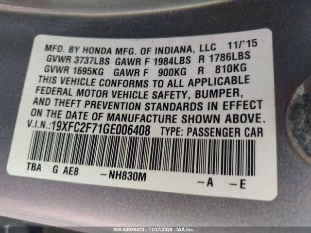 Honda CIVIC EX 2016 19XFC2F71GE006408 Image 9