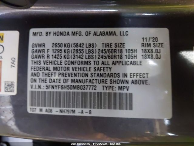 5FNYF6H50MB037772 Honda Pilot Awd Ex-l