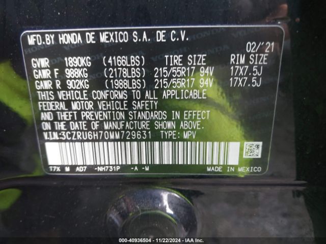 3CZRU6H70MM729631 Honda Hr-v Awd Ex-l