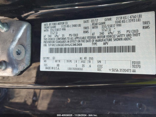 Ford ESCAPE SE 2017 1FMCU9GD3HUC96369 Image 9