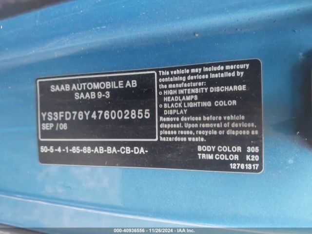2007 SAAB 9-3 YS3FD76Y476002855 Photo 8